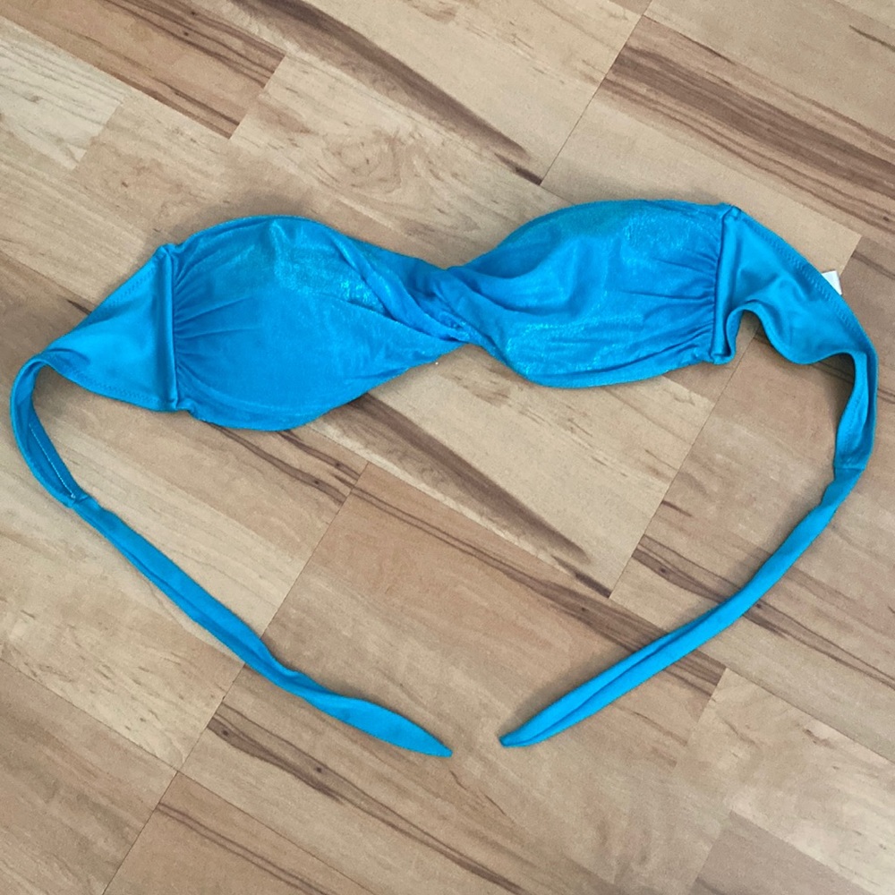Blue shimmer strapless bikini tie top